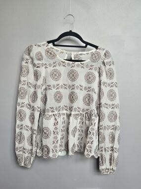 Blu Pepper Women’s Small Embroidered Peplum Top Boho Cream Scalloped Open Back